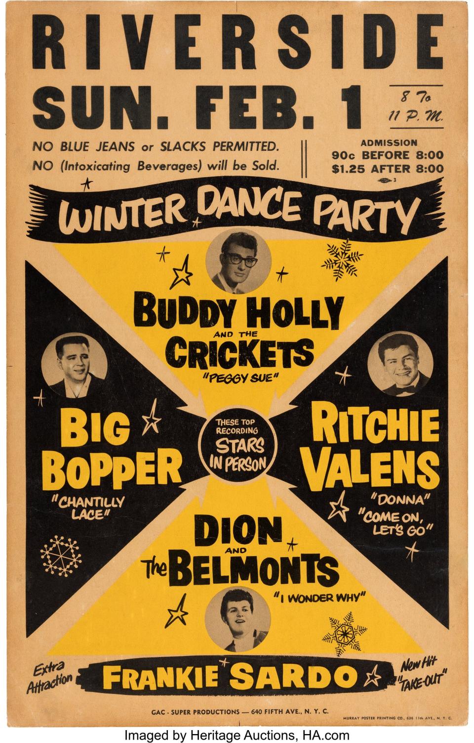 A rare original poster from the Winter Dance Party that played the Riverside Ballroom on Feb. 1, 1959, will go up for bids through Heritage Auctions on Nov. 19.