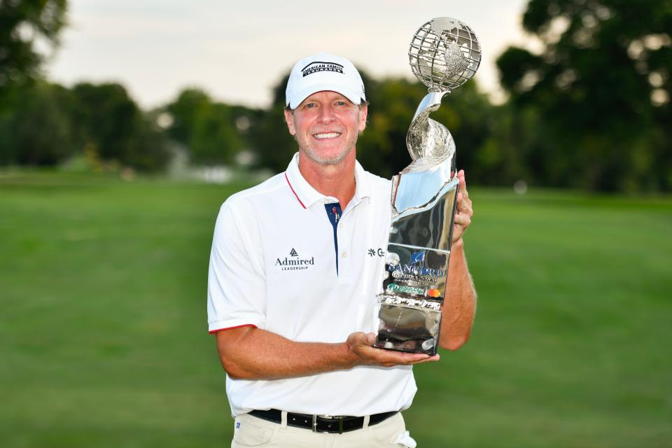 Steve Stricker poses after winning the 2024 Sanford International at Minnehaha Country Club.