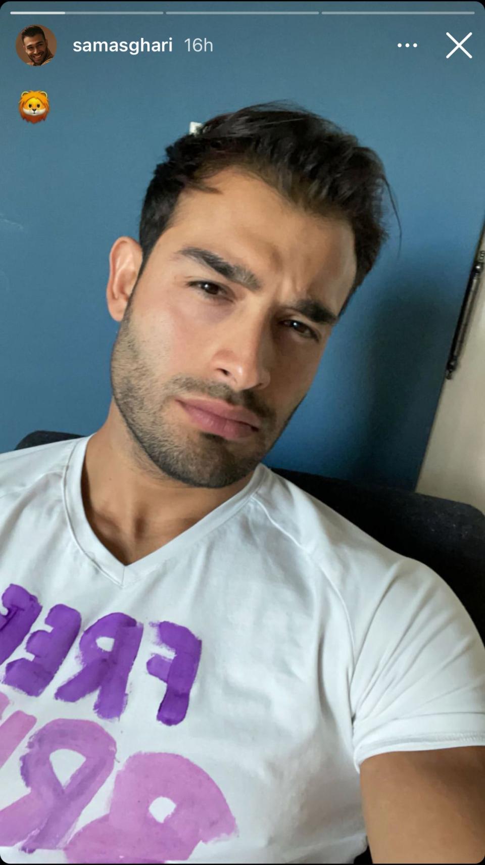 Britney Spears’ boyfriend, Sam Asghari, posts a selfie on his Instagram account in which he appears to be wearing a pink and purple ‘Free Britney’ t-shirt, ahead of her court appearance on Wednesday 23 June 2021 (Sam Asghari/Instagram)