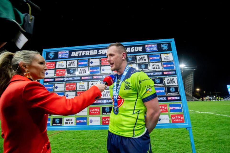 Warrington Guardian: Ben Currie is interviewed by Sky Sports' Jenna Brooks after being named player of the match against Leeds