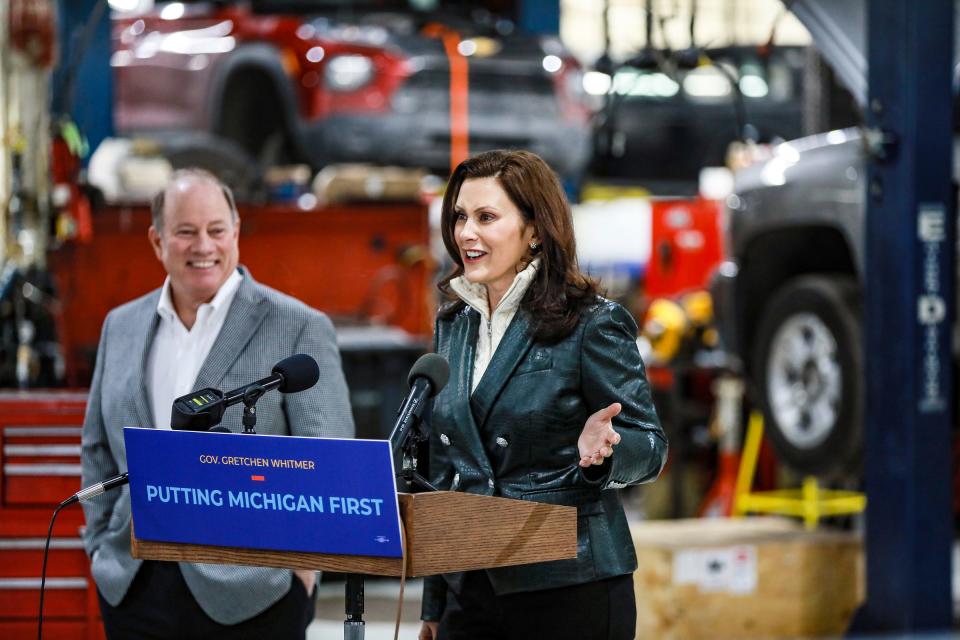 Michigan Gov. Gretchen Whitmer joins the Michigan Department of Insurance and Financial Services (DIFS) Director Anita Fox and Detroit Mayor Mike Duggan to highlight the $400 auto refund checks for Michigan drivers going out this week at Jefferson Chevrolet in Detroit on Tuesday, March 8, 2022.