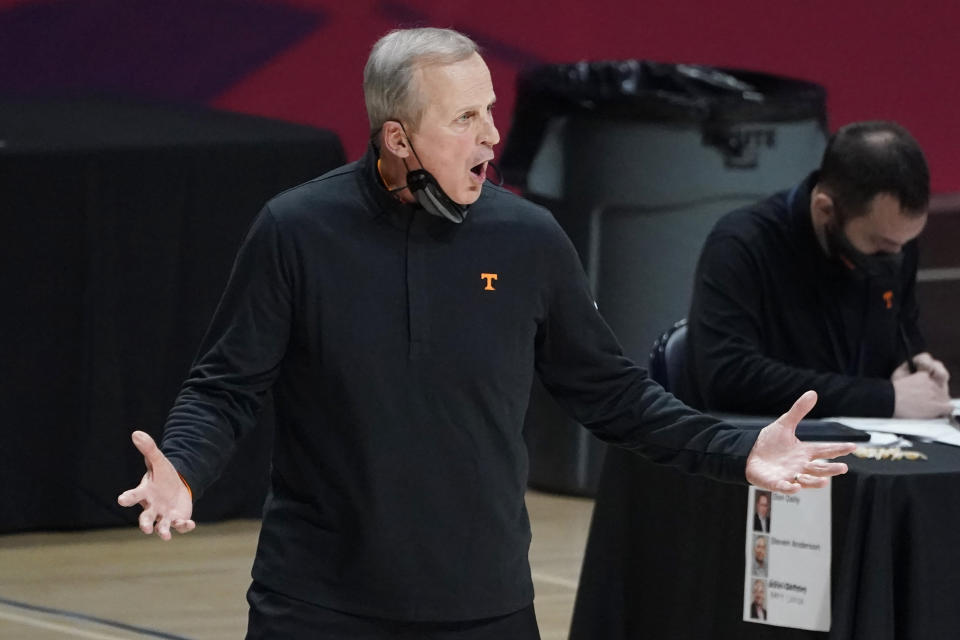 Tennessee head coach Rick Barnes reacts to a play by his team against Mississippi during the first half of an NCAA college basketball game in Oxford, Miss., Tuesday, Feb. 2, 2021. (AP Photo/Rogelio V. Solis)