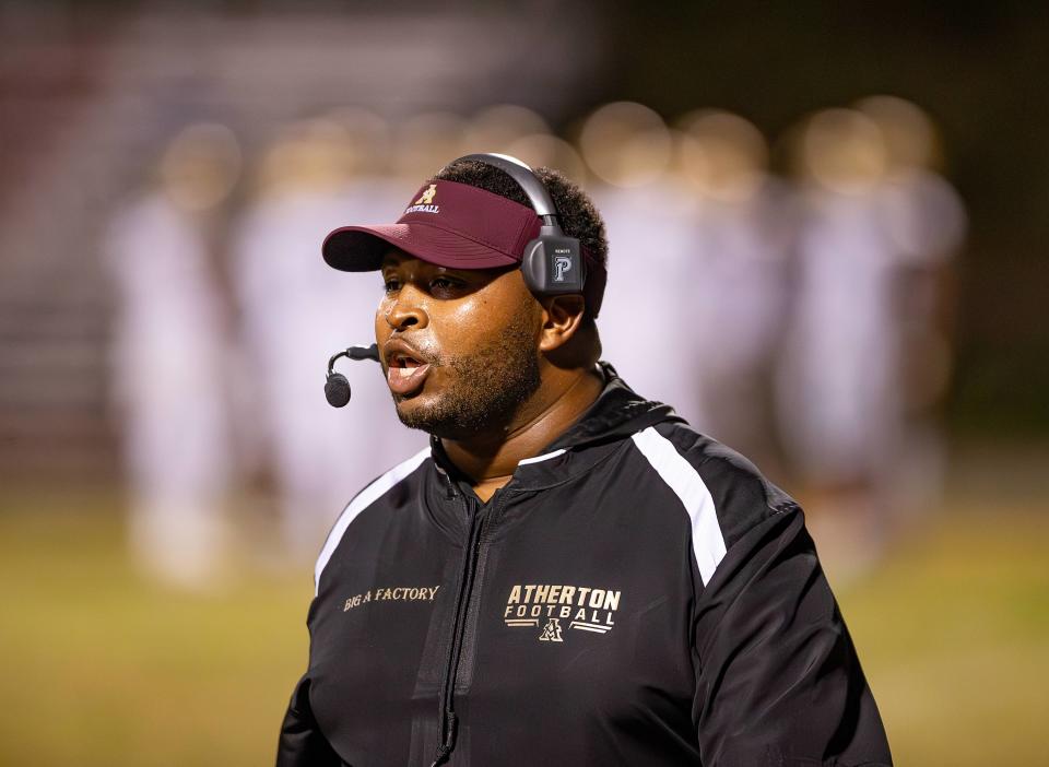 Atherton head coach Anthony White was intense on the sideline as the Atherton Ravens defeated the Fairdale Bulldogs 24-6 to clinch the 5A, District Three title on Friday, Oct. 20, 2023