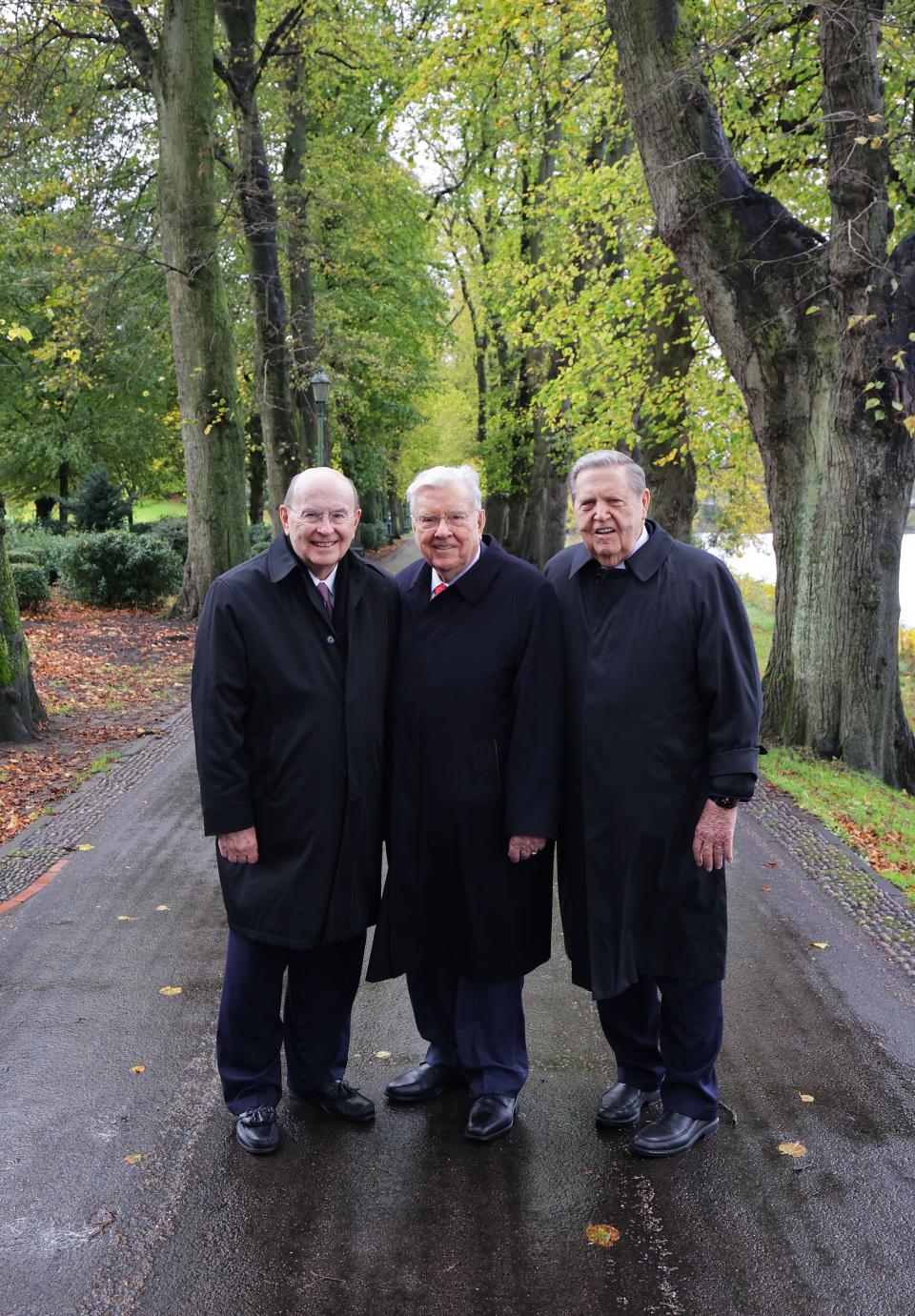 President M. Russell Ballard, Elder Quentin L. Cook and Elder Jeffrey R. Holland at the River Ribble in&nbsp;England.