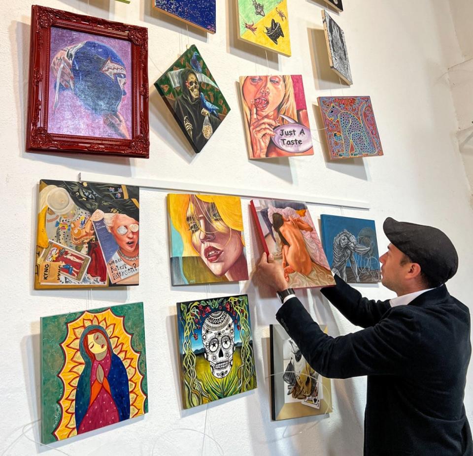 Gabriel Marquez prepares art that will be for sale at the Moonlight Adobe Hall, 10180 Socorro Road in Socorro, during the “The Anything & Everything Show,” which will be Friday.