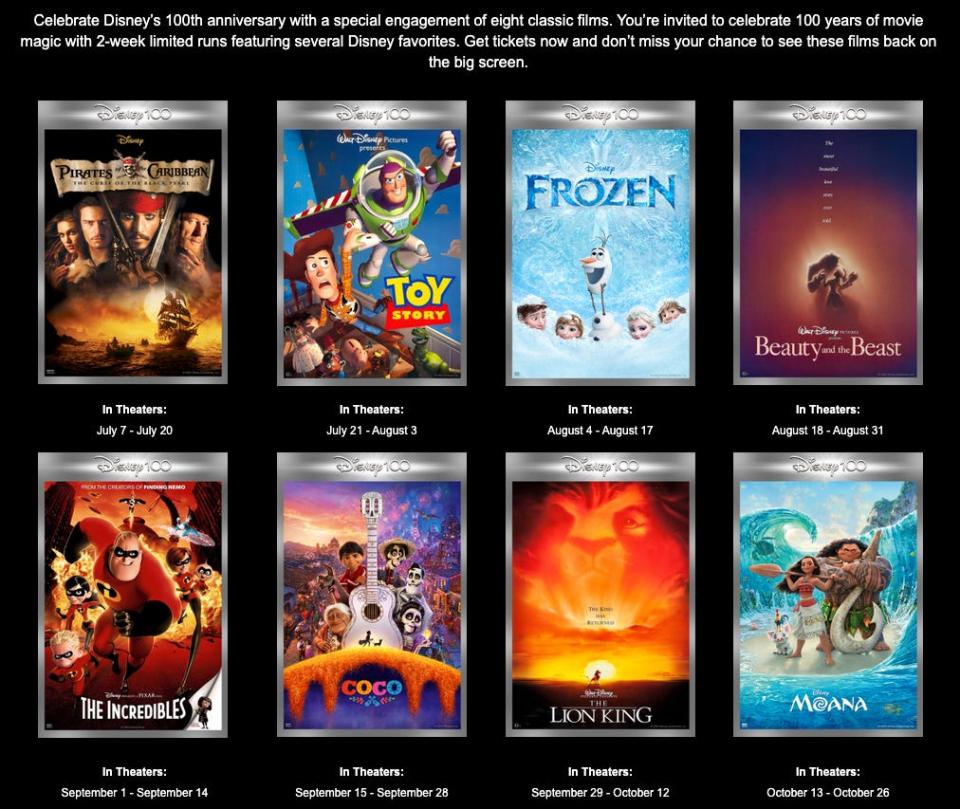The eight "classic" movies Disney is re-releasing to celebrate the company's 100th anniversary.
