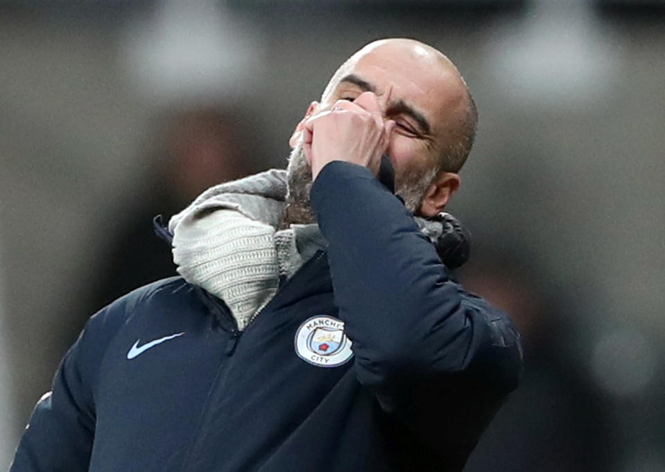 It was not a good afternoon for Pep Guardiola or Manchester-based soccer clubs in general. (Reuters)
