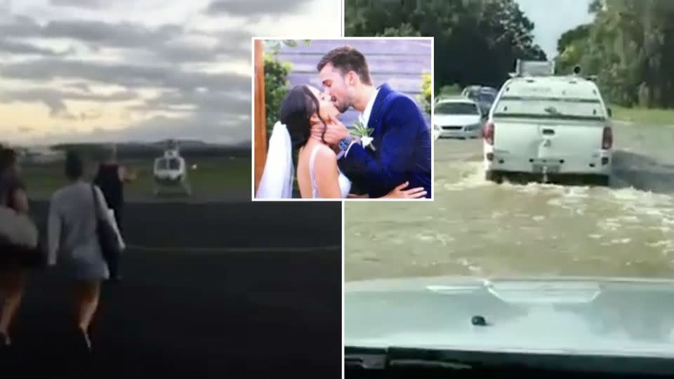 Using a helicopter, police escort and hitchhiking, the bride and groom found their own way to their wedding destination that they will surely never forget. Source: 7 News