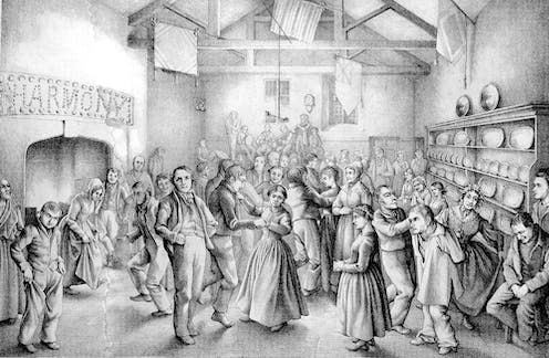 <span class="caption">Dances and concerts were usually the only opportunity for patients to meet in a large group.</span> <span class="attribution"><a class="link " href="https://wellcomecollection.org/works/xswz3swa/images?id=b2q3ts84" rel="nofollow noopener" target="_blank" data-ylk="slk:K. Drake/Wellcome Collection;elm:context_link;itc:0;sec:content-canvas">K. Drake/Wellcome Collection</a>, <a class="link " href="http://creativecommons.org/licenses/by-nc/4.0/" rel="nofollow noopener" target="_blank" data-ylk="slk:CC BY-NC;elm:context_link;itc:0;sec:content-canvas">CC BY-NC</a></span>