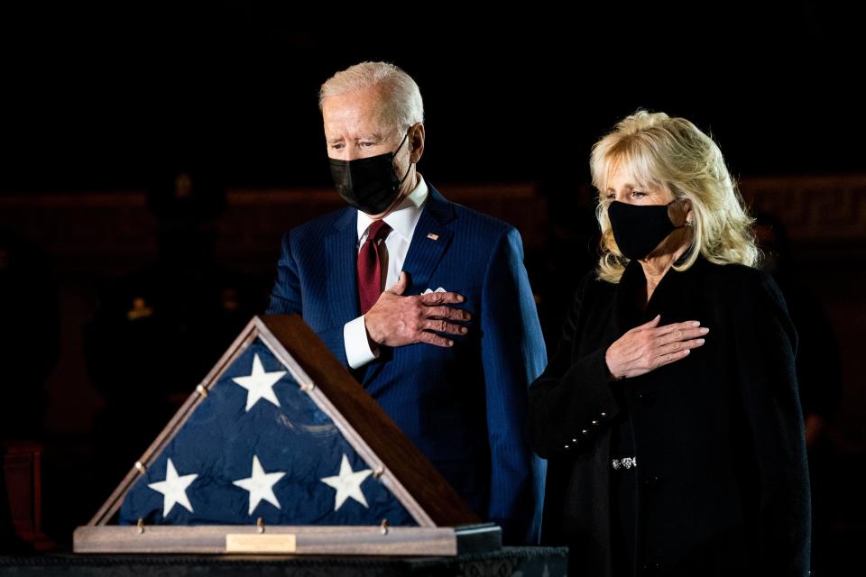 <p> President Joe Biden and first lady Dr Jill Biden wearing masks. The President has more recently favoured wearing two face coverings for extra protection.</p> (Getty)