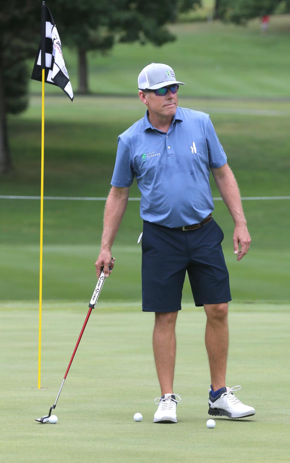 Justin Leonard gets warmed up on the practice tee at the Bridgestone Senior Players Championship Pro-Am on Wednesday, July 6, 2022 in Akron, Ohio, at Firestone Country Club.