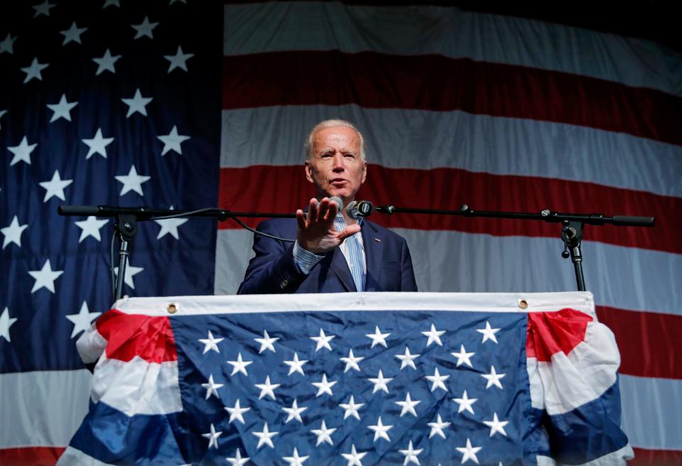 In this Aug. 9, 2019 photo, former Vice President and Democratic presidential candidate Joe Biden speaks at the Iowa Democratic Wing Ding at the Surf Ballroom, in Clear Lake, Iowa.