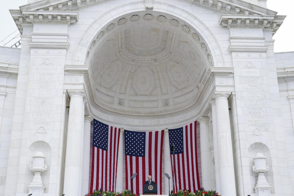 President Joe Biden speaks at the Memorial Amphitheater of Arlington National Cemetery in Arlington, Va., on Memorial Day, Monday, May 29, 2023. (AP Photo/Susan Walsh)