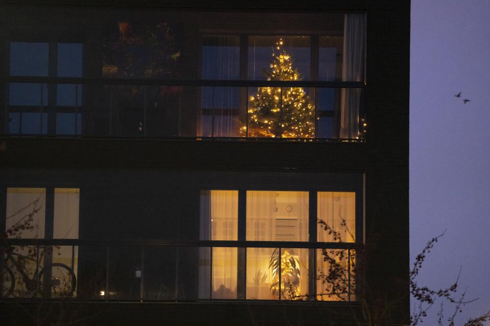 Christmas tree sparkling with festive lights is seen through a window of an apartment building in Tallinn, Estonia, on Friday, Dec. 22, 2023. In Estonia, as in many parts of the world, trees covered with lights brighten up homes and town squares during the Winter Solstice and Christmas festivities afterwards. (AP Photo/Pavel Golovkin)