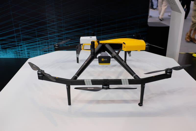 Delivery drone developed by Meituan is displayed at the World Artificial Intelligence Conference in Shanghai