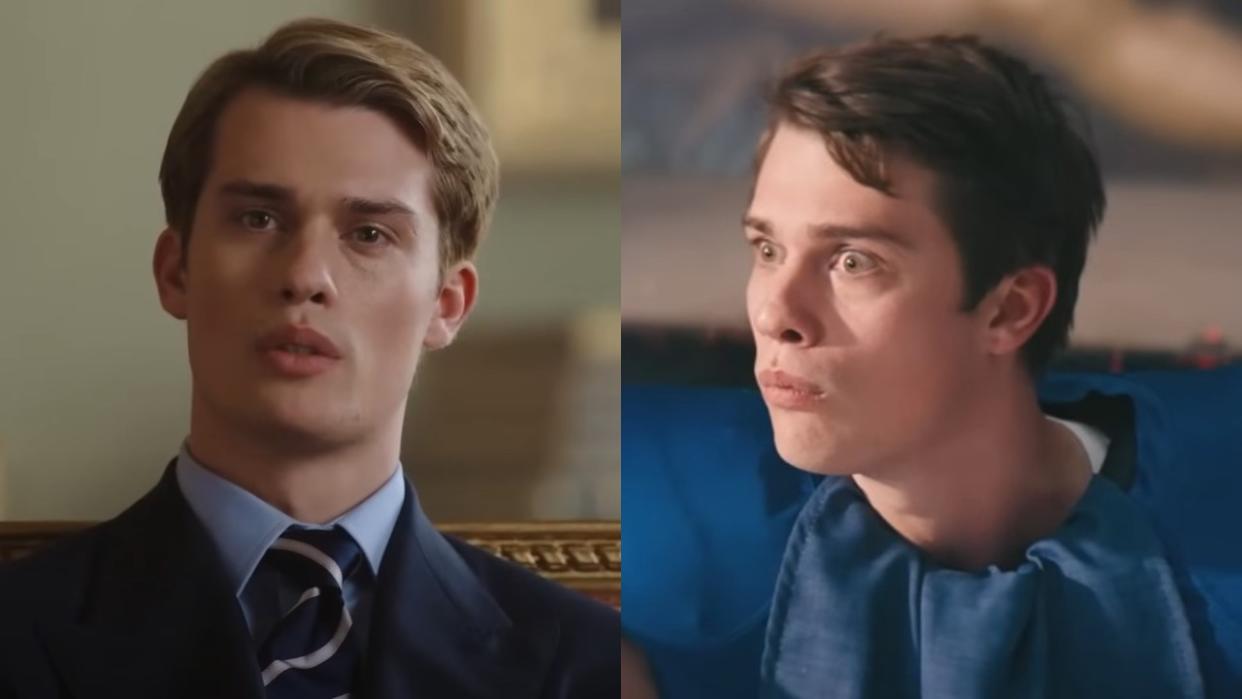  From left to right: Screenshots of Nicholas Galitzine in Red, White & Royal Blue as Prince Henry and another of him as Jeff in Bottoms. 