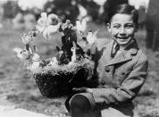 <p>Warren Sonnemann holds up a prize Easter basket at the White House Easter Egg Rolling, April 2, 1923, in Washington. </p>