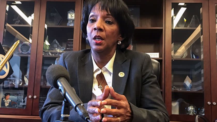 In this Tuesday, Jan. 24, 2017, photo, Los Angeles County District Attorney Jackie Lacey speaks during an interview at her office about prosecutors' findings that two Los Angeles Police Department officers were acting in self-defense when they shot and killed a mentally ill, black man during a struggle over an officer's gun in August 2014. They will not face criminal charges for the 2014 shooting that led to protests, prosecutors said Tuesday. (AP Photo/Mike Balsamo)