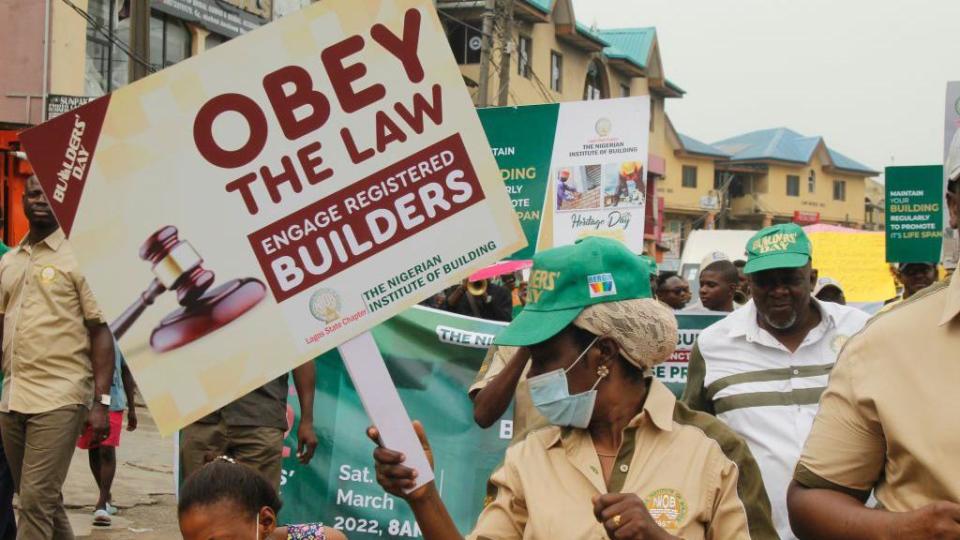 The Nigerian Institute of Building in conjunction with Building Collapse Prevention Guild holds a walk against building collapse, with the theme Building with Integrity, as part of activities marking the 2022 Builders Day in Ikeja, Lagos, Nigeria, on Saturday, March 12, 2022