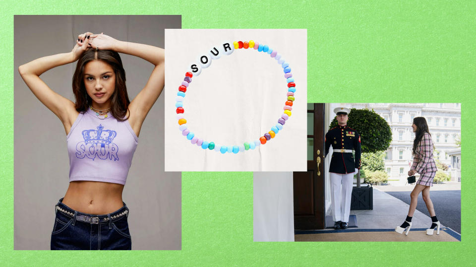 Illustration of Olivia Rodrigo wearing a cropped tee from her merchandise, a 