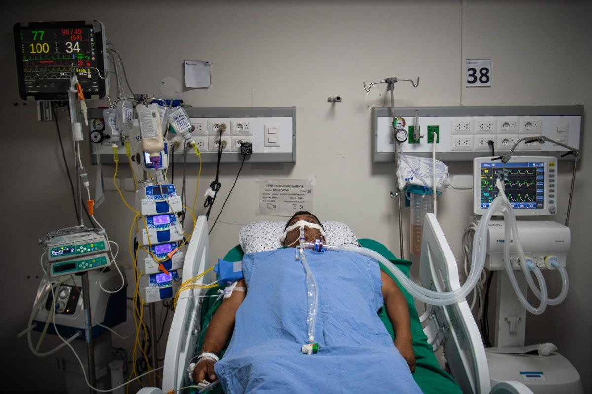 A Covid patient at the Alberto Sabogal Sologuren Hospital in Lima. Peru was hit hard by the pandemic (AFP via Getty Images)