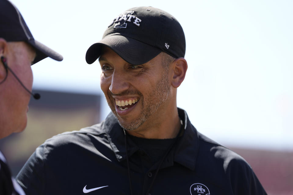 Iowa State head coach Matt Campbell talks with an official during warm ups before an NCAA college football game against Northern Iowa, Saturday, Sept. 2, 2023, in Ames, Iowa. (AP Photo/Matthew Putney)