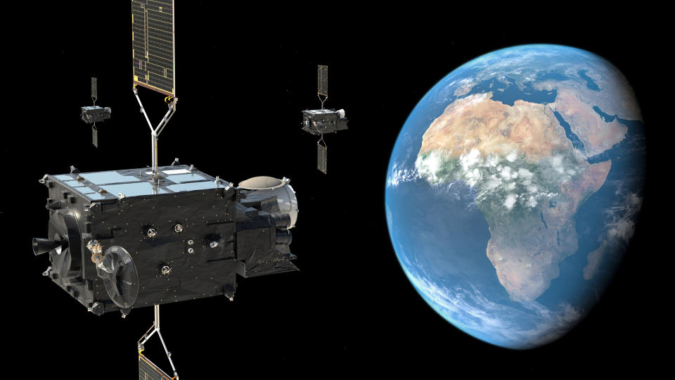 Europe's fleet of new weather forecasting satellite, Meteosat Third Generation, in an artist's depiction.