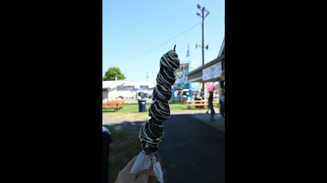 A chocolate-covered strawberry kebab from the Shishkaberrys stand Thursday, Aug. 11, at the Northwest Washington Fair in Lynden.