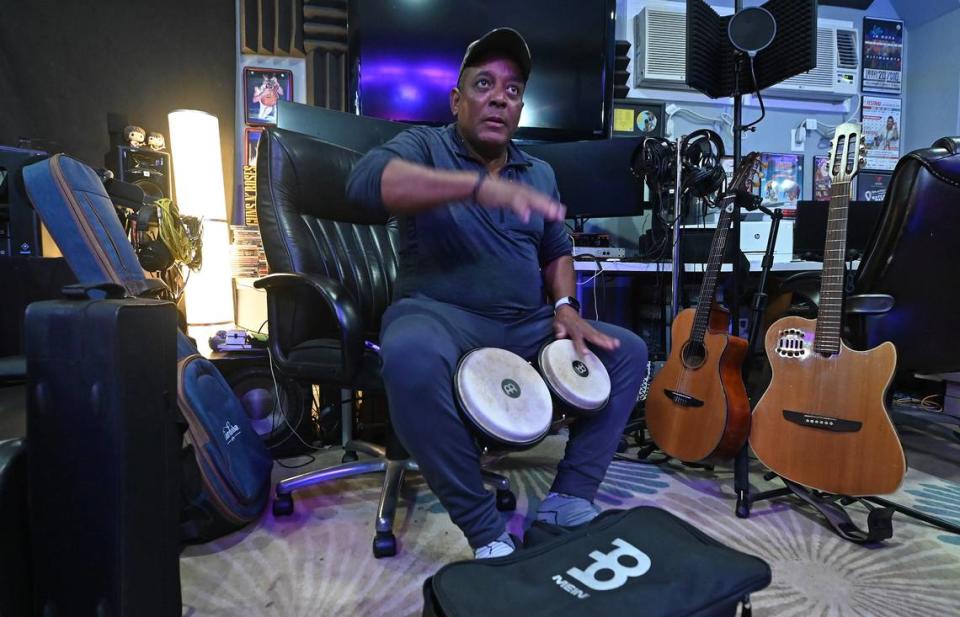 UltimaNota percussionist Lueichy Martinez practices with the band on May 14, 2024.