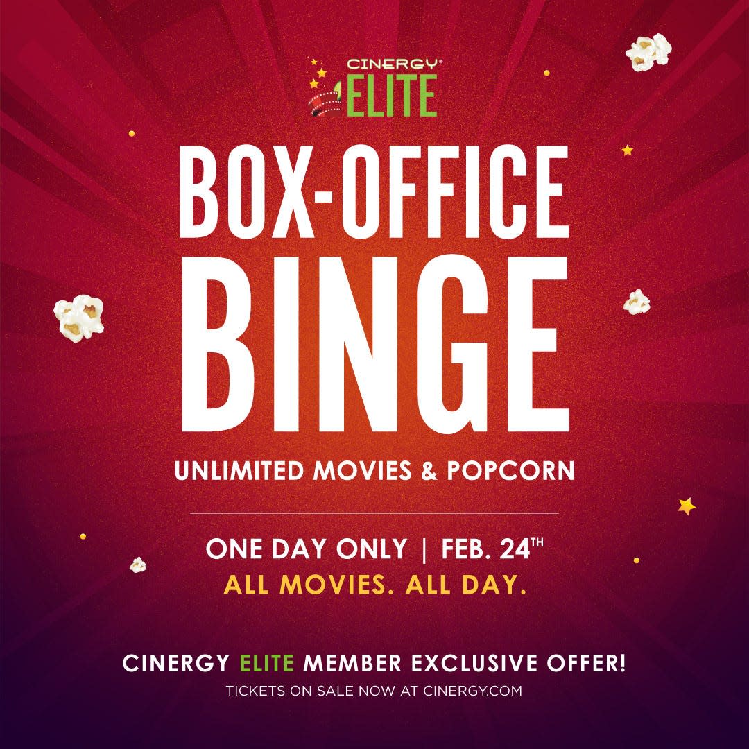 On Saturday, Feb. 24, Cinergy Entertainment will be hosting its 3rd annual “Box Office Binge” at all of its locations, including Amarillo's at 9201 Cinergy Square.