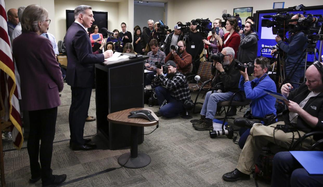<span class="caption">A county executive in Washington state addresses the media after a death from COVID-19, which results from the coronavirus.</span> <span class="attribution"><a class="link " href="https://www.gettyimages.com/detail/news-photo/king-county-executive-dow-constantine-speaks-following-the-news-photo/1204218430?adppopup=true" rel="nofollow noopener" target="_blank" data-ylk="slk:Jason Redmond/AFP via Getty Images;elm:context_link;itc:0;sec:content-canvas">Jason Redmond/AFP via Getty Images</a></span>