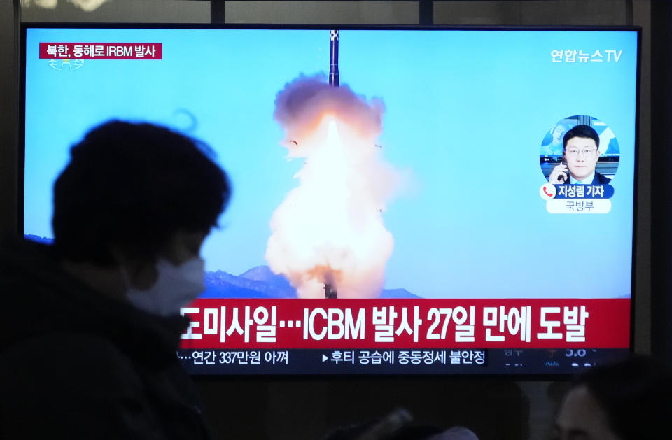 A TV screen shows a file image of North Korea's missile launch during a news program at the Seoul Railway Station in Seoul, South Korea, Sunday, Jan. 14, 2024. North Korea fired a ballistic missile toward the sea on Sunday, its neighbors said, in its first missile launch this year, as the North is expected to further raise regional animosities in an election year for its rivals South Korea and the United States. (AP Photo/Ahn Young-joon)