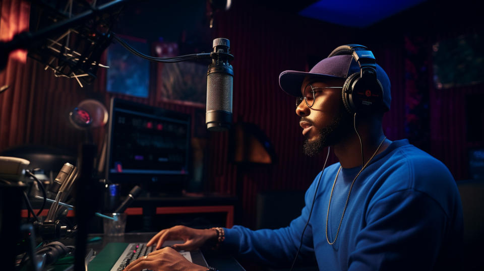 A recording artist in the studio, headphones on and microphone in hand.