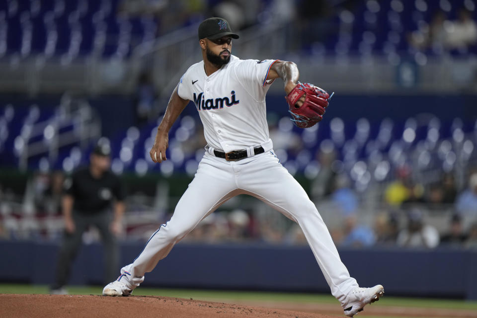 Miami Marlins' Sandy Alcantara delivers a pitch during the first inning of a baseball game against the Tampa Bay Rays, Tuesday, Aug. 29, 2023, in Miami. (AP Photo/Wilfredo Lee)