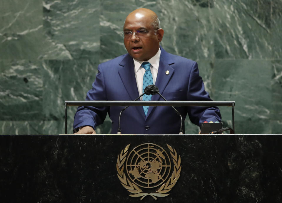 United Nations General Assembly President Abdulla Shahid of Maldives addresses the 76th Session of the U.N. General Assembly, Tuesday, Sept. 21, 2021, at United Nations headquarters in New York. ( Eduardo Munoz/Pool Photo via AP)/Pool Photo via AP)