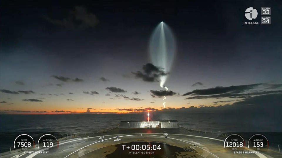 A remarkable view of the Falcon 9 heading toward space as seen by a camera on board a SpaceX droneship stationed several hundred miles downrange in the Atlantic Ocean. All rocket exhaust plumes expand in the low-pressure environment of the extreme upper atmosphere, but the effect is especially striking at sunrise or sunset. The rocket's first stage, making its record-tying 14th flight, landed successfully  about nine minutes after liftoff. / Credit: SpaceX