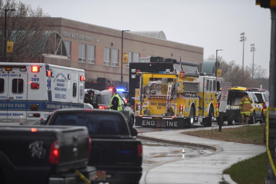 Emergency responders are seen on March 20, 2018 at Great Mills High School in Great Mills, Maryland, after a shooting at the school. (Photo: JIM WATSON via Getty Images)