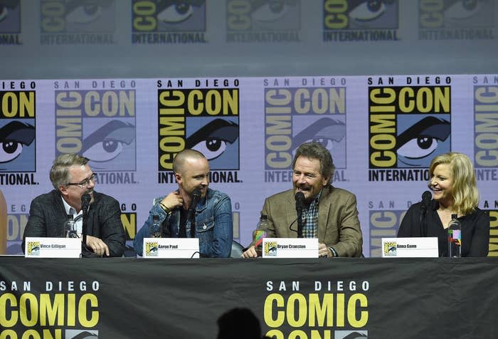 the cast answering questions at a comic-con event