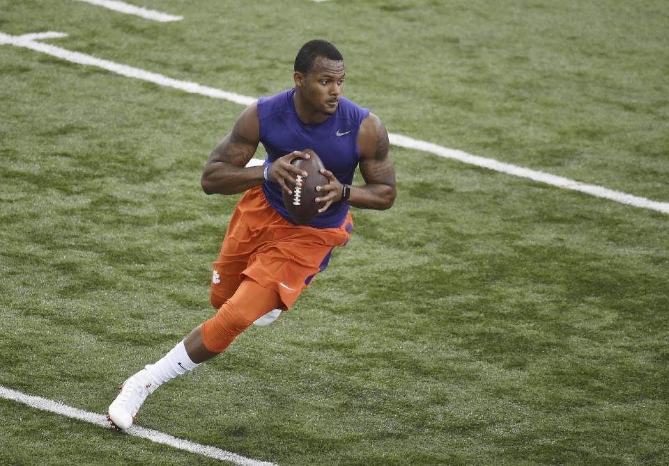 Deshawn Watson runs a drill during football pro day at Clemson University, Thursday, March 16, 2017, in Clemson, S.C. (AP Photo/Rainier Ehrhardt)