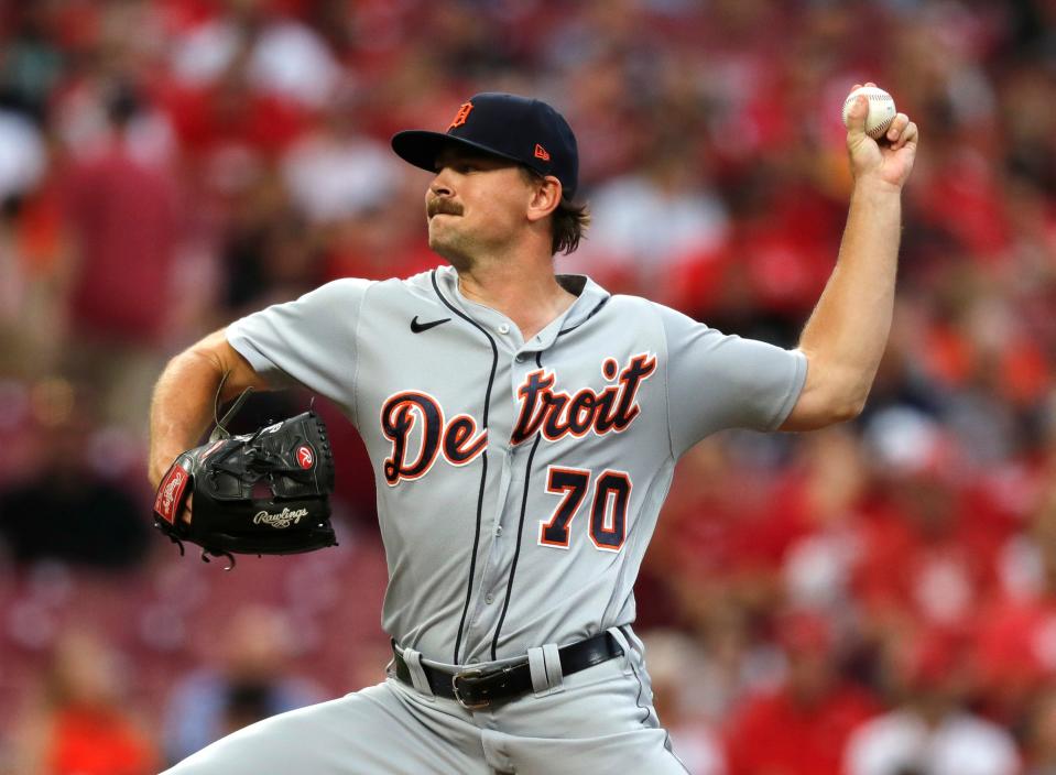 Detroit Tigers starting pitcher Tyler Alexander (70) throws against the Cincinnati Reds during the first inning at Great American Ball Park on Sept. 3, 2021.