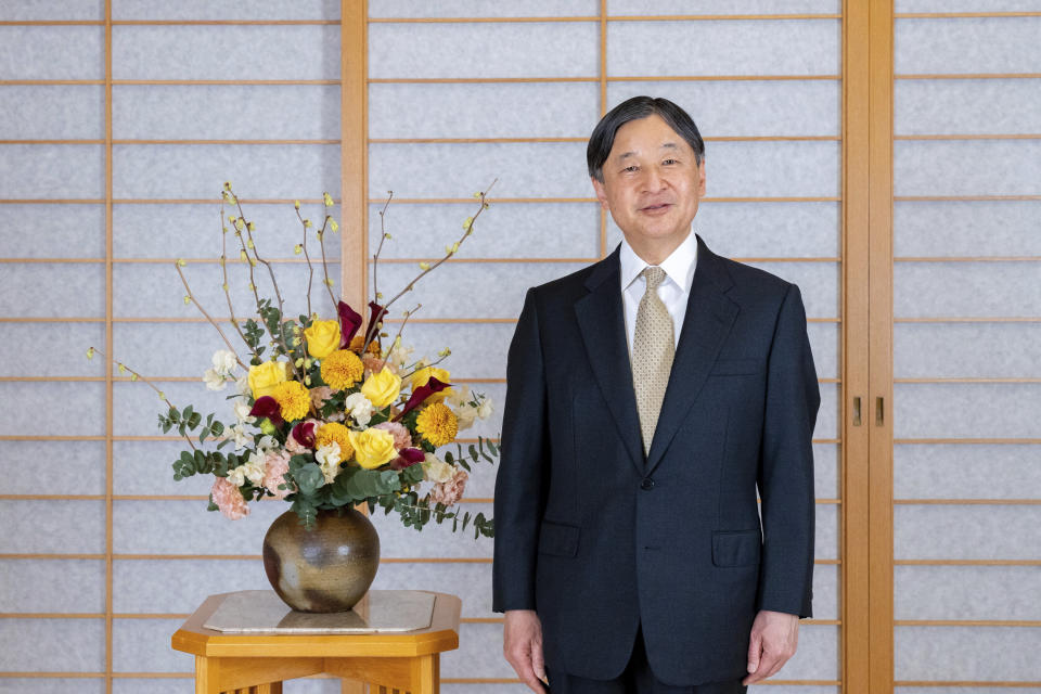 In this photo provided by the Imperial Household Agency of Japan, Japan's Emperor Naruhito poses for a photograph at the Imperial Palace in Tokyo, Japan, Thursday, Feb. 16, 2023, ahead of his 63rd birthday on Feb. 23. (Imperial Household Agency of Japan via AP)