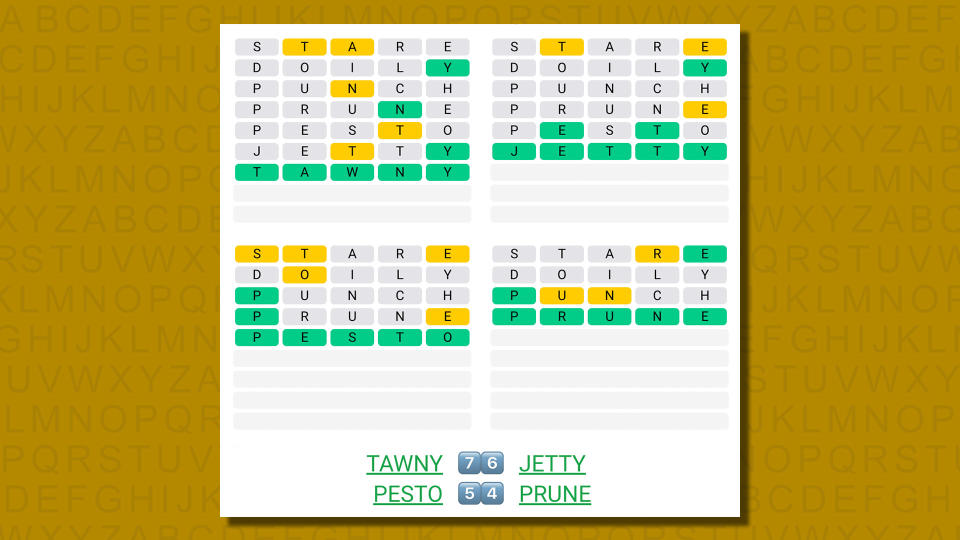 Quordle answers for game 577 on a yellow background