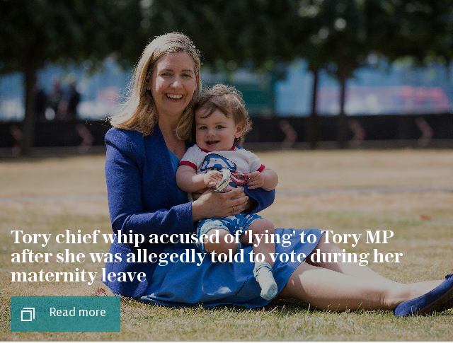 Tory chief whip accused of 'lying' to Tory MP after she was allegedly told to vote during her maternity leave