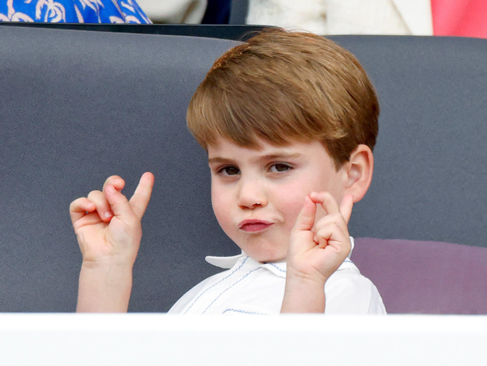 LONDON, UNITED KINGDOM - JUNE 05: (EMBARGOED FOR PUBLICATION IN UK NEWSPAPERS UNTIL 24 HOURS AFTER CREATE DATE AND TIME) Prince Louis of Cambridge attends the Platinum Pageant on The Mall on June 5, 2022 in London, England. The Platinum Jubilee of Elizabeth II is being celebrated from June 2 to June 5, 2022, in the UK and Commonwealth to mark the 70th anniversary of the accession of Queen Elizabeth II on 6 February 1952. (Photo by Max Mumby/Indigo/Getty Images)