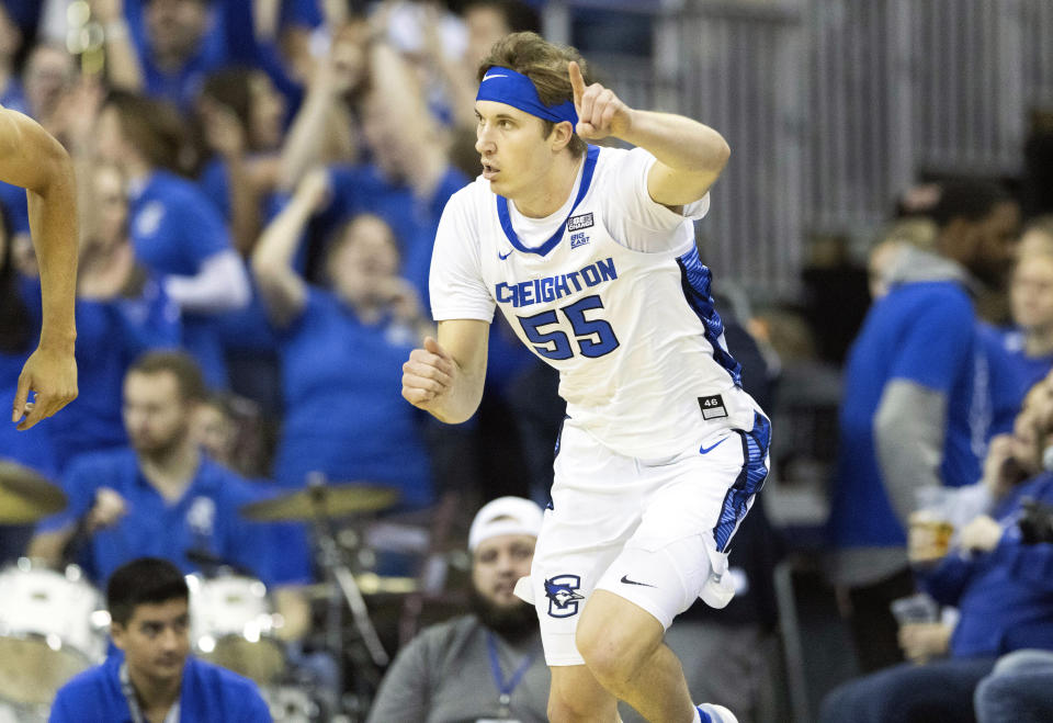 Creighton's Baylor Scheierman (55) reacts after hitting a 3-pointer against Providence during the first half of an NCAA college basketball game on Saturday, Jan. 14, 2023, in Omaha, Neb. (AP Photo/Rebecca S. Gratz)