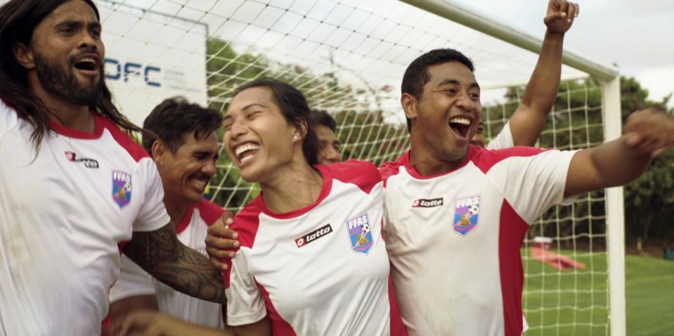 This image released by Searchlight Pictures shows Hilo Pelesasa, from left, Ioane Goodhue, Kaimana and Beulah Koale in a scene from "Next Goal Wins." (Searchlight Pictures via AP)