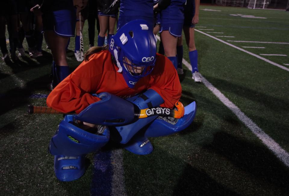 Thursday, Nov. 4, 2021 -- Scituate goalie Beth MacCune looks to marshall all her strength and energy as she faces the prospect of the playoff game with Oliver Ames going into overtime.