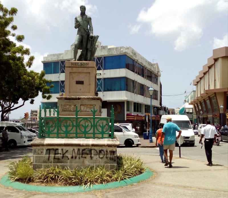 FILE PHOTO: A statue of Royal Navy Vice-Admiral Horatio Nelson stands a day after Barbados said it wished to remove Britain's Queen Elizabeth as its head of state