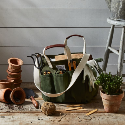 garden utility tote bag with gardening tools inside