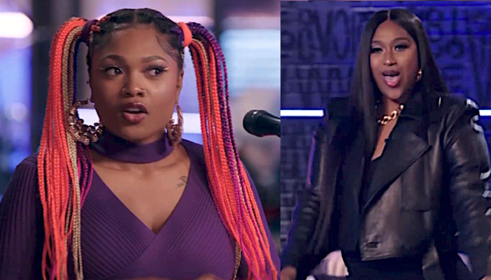 Dia Malai reacts to Jazmine Sullivan's rehearsal room entrance on 'The Voice.' (Photos: NBC)